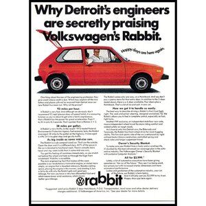 1975 VW Volkswagen Rabbit 2 Door Hatchback Vintage Print Ad Red Wall Art Photo